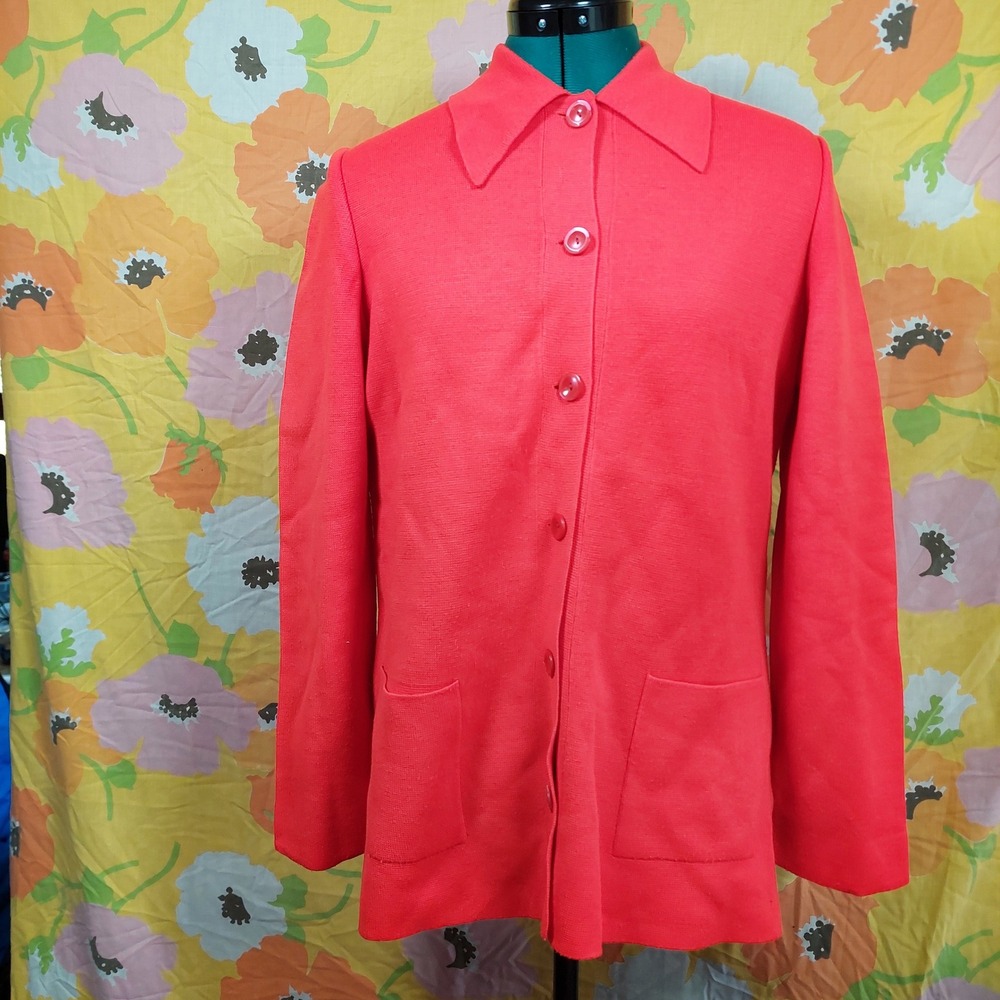Vintage 1970s Red Button Front Cardigan Sweater Longline Pocket Mod Large